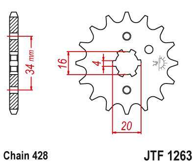 JT JTF1263.16 Přední kolečko (pastorek), 16 zubů, 428 YAMAHA DT 125 LC 85-88