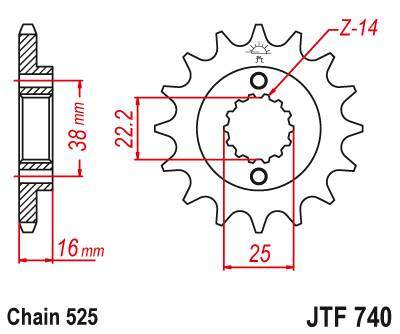 JT JTF740.16 Přední kolečko (pastorek), 16 zubů, 525