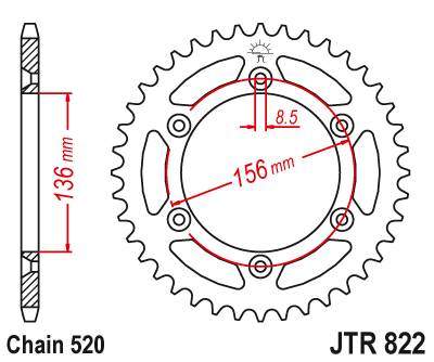 JT JTR822.44 Zadní kolečko (rozeta), 44 zubů, 520 HUSQVARNA SM 610 (08-09), SUZUKI DR350 (90-03), RGV 250 (91-96)