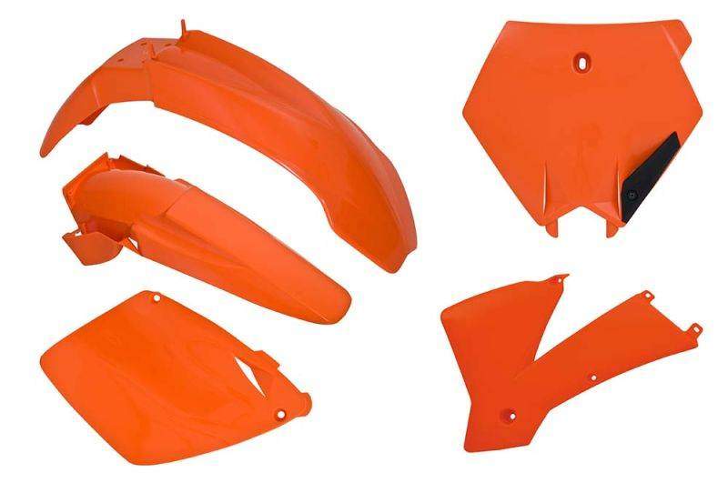 RACETECH kompletní plasty KTM SX/SXF 125-520-525 01-03, SX 250 01-02, SXF 450 01-02, EXC/SXC 03, barva oranžová (tabulka) (KT501E127)