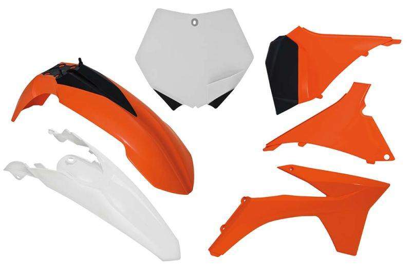 RACETECH kompletní plasty KTM SX 125-250 12, SXF 250-450 11-12, barva OEM bílá červená oranžová (tabulka a kryt filtru) (KT510E999)