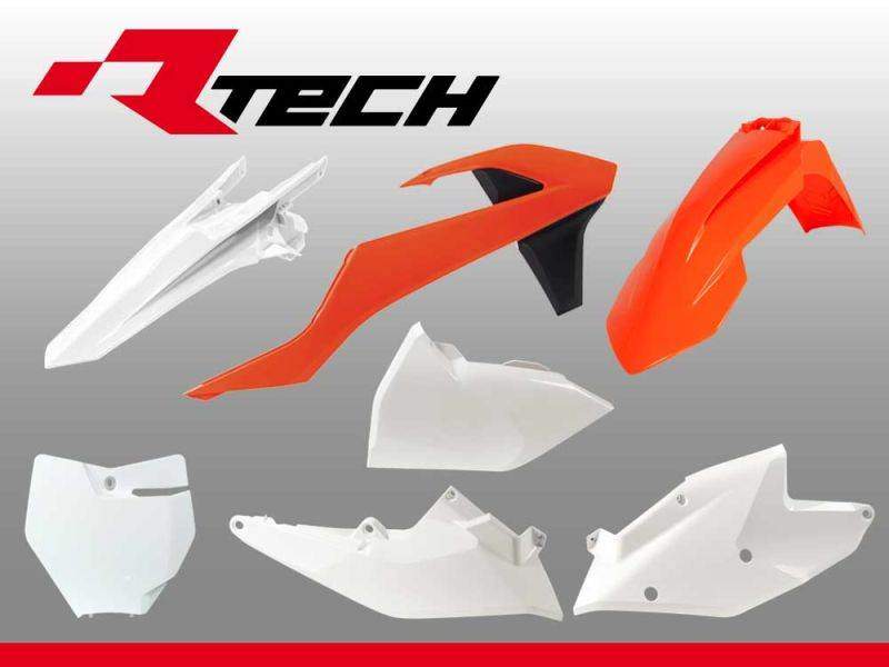 RACETECH kompletní plasty KTM SX 125/150 16-18, SX 250 17-18, SXF 250-450 16-18 OEM bílá oranžová (tabulka a s krytem filtru) (KT517E999)